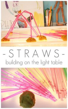 two pictures of straws on the table with text overlay that reads straws building on the light table