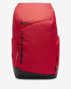 Product Details Nike Hoops Elite Backpack The Nike Hoops Elite Backpack is designed for the active athlete. Featuring a large main compartment and several smaller zippered pockets, the Nike Hoops Elite Backpack is perfect for organizing your equipment and gear for school and practice. The side pockets hold water bottles and other small items, while the air unit-padded and adjustable shoulder straps and stabilizing chest strap provide ultimate comfort and support. The top haul loop makes it easy Sports Bags With Zipper Closure, Functional Rectangular Sports Backpack, Sporty Rectangular Backpack For Gym, Sporty Rectangular Gym Backpack, Sports Backpack With Functional Pockets, Red Functional Backpack For Outdoor Activities, Functional Sports Backpack, Sporty Red Gym Bag, Sports Rectangular Nylon Backpack