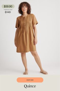 Short-sleeved, relaxed style. Super versatile and easy to wear. Featuring pin-tucking up top, shell buttons, and pleat detailing. Our linen collection is made from 100% European flax linen—an eco-friendly, and resource-light material.  | Quince | Women's 100% European Linen Short Sleeve Swing Dress in Golden Brown, Size Small Linen Collection, Linen Tank, Linen Short, Wide Leg Linen Pants, European Linens, Shell Buttons, Organic Linens, Fabric Shop, Linen Women