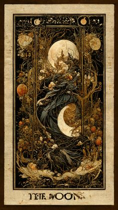 an illustration of a woman standing in front of a full moon with trees and flowers