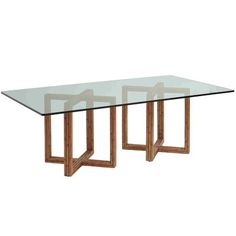 a glass and wood table with two intersecting legs