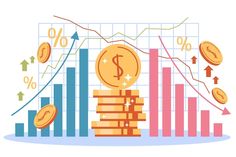 stacks of gold coins sitting in front of a bar chart with arrows pointing up to the dollar sign