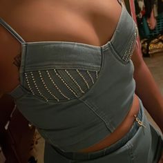 Feel Sexy In This Small Elastic Diamond Crop Top: Adjustable Straps, Bust Size- 34b. Top’s Padding Is Fitting & Comfortable, No Need For A Bra! Includes The Matching Denim Pencil Skirt. No Stains At All. No Missing Diamonds Either!! Never Worn. I’m 5’5 + 130lbs Wearing This Outfit In The Pictures. Skirt Is A Bit Snug Around My Waist Area. Must Hand Wash & Air Dry This Product. Denim Crop Top For Party, Party Denim Crop Top, Spring Party Denim Crop Top, Blue Sleeveless Denim Top For Party, Fitted Denim Crop Top Y2k Style, Fitted Denim Y2k Crop Top, Chic Denim Crop Top For Night Out, Y2k Fitted Denim Crop Top, Trendy Blue Denim Top For Party