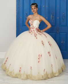 You'll love twirling around in this long strapless dress with floral embroidery by House of Wu LA Glitter 24032. This gorgeous princess ball gown features a decorated deep sweetheart bodice with accent multi-color floral embroidery, crystal beading and a lace-back. The floor length A-line skirt is adorned with metallic lace hem and glitter tulle for a touch of sparkle. House of Wu LA Glitter Designers Collection: Fall 2018 Style Number: 24032 Fabric: Satin/Tulle/Glitter Tulle Colors: Ivory/Fuchs Embroidered Ball Gown With Fitted Bodice For Quinceanera, Quinceanera Embroidered Ball Gown, Embroidered Ball Gown For Quinceanera, Floral Embroidery Ball Gown For Debutante Ball, White Princess Quinceanera Dress, Quinceanera Gown With Floral Embroidery And Fitted Bodice, White Quinceanera Dress With Sweetheart Neckline For Debutante Ball, Fitted Bodice Gown With Floral Embroidery For Quinceanera, Gown With Floral Embroidery And Fitted Bodice For Quinceanera