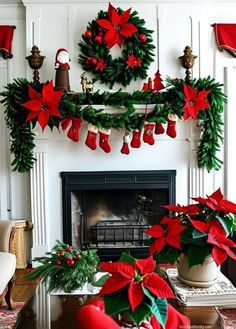 christmas decorations in front of a fireplace with stockings and poinsettis on the mantle