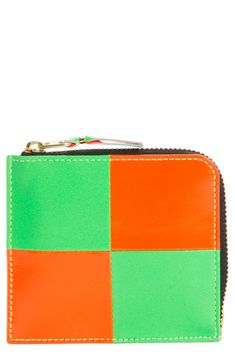 Fluorescent orange-and-green squares bring can't miss color and pattern to a compact wallet crafted of leather and finished with a glinting zip. Partial zip-around closure Interior wall pocket Leather Made in Japan Designer Square Wallets For Everyday, Designer Square Wallets, Green Designer Wallets With Interior Card Slots, Designer Green Wallet With Interior Card Slots, Designer Green Wallets With Interior Card Slots, Modern Green Leather Wallets, Modern Green Leather Wallet, Modern Green Bifold Wallets, Modern Green Bifold Wallet