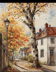 a painting of a street with houses and trees in fall colors by a lamp post