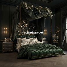 an elegant bedroom with black walls and green bedding, white flowers on the headboard