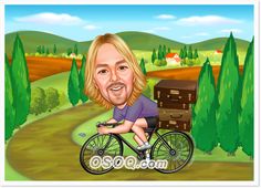 a caricature of a man riding a bike in the middle of a forest