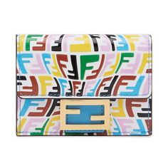 This trifold wallet from Fendi is not only fun, but functional. The exterior features a colorful Vertigo FF design throughout. Inside, there is one bill slot and three card slots. The wallet also features a coin compartment to easily hold all your necessities. Grab this Fendi micro trifold wallet before it's gone! Size: 3.75 x 1.5 x 2.75" (LWH).  Color: Multicolor.  Gender: female.  Age Group: adult. Vintage Fendi, Love Notes, Striped Fabrics, Trifold Wallet, Casual Backpack, Wallet Case, Card Slots, Calf Skin, Slots