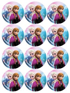 frozen princesses are shown in this set of 8 round sticker magnets, each with