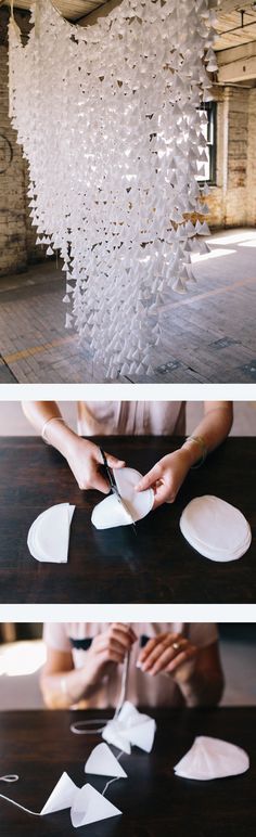 two pictures showing how to make a chandelier out of plastic bottles and paper plates