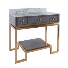 a bathroom vanity with marble top and two drawers on one side, gold frame legs