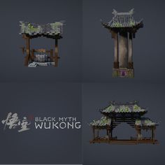 four different views of a chinese building made out of lego blocks with the words black, myth wukong written on it