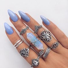 INDIGOLUNE ✨ Nails And Rings, Boho Nails, Nails Blue, Nail Ring, Nail Jewelry, Hand Jewelry, Blue Nails, How To Do Nails, Toe Nails