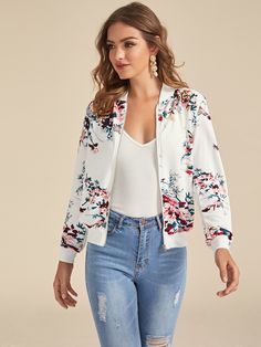 White Casual  Long Sleeve Polyester Floral Bomber Embellished Slight Stretch Spring/Fall Women Outerwear Dresses Autumn, Easy Dress, Dresses Beautiful, Outfits Dresses, Elegante Casual, Casual Vest, Long Sleeve Knit Sweaters, Dresses Dresses, Casual Blazer