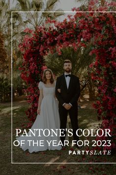 a man and woman standing next to each other in front of red flowers with the words pantone's color of the year for 2055