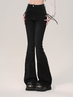 Step up your fashion game with these trendy flared jeans that are sure to turn heads. Designed with a slight flare at the bottom, these jeans offer a flattering silhouette that elongates your legs. The standout feature is the criss-cross drawstring details on both sides of the hips, adding a unique and stylish touch to your outfit. Perfect for casual outings or a night out, these jeans are versatile and comfortable.   Please note, the price includes only one pair of pants. SizeSMLXLWaist57616569 Black Flare Jeans Outfit Casual, Flare Jeans Outfit Casual, Orchestra Outfit, Black Flare Jeans Outfit, Gothic Jeans, Flare Jeans Outfit, Black Flare Jeans, Steampunk Fashion Male, Gothic Skirts