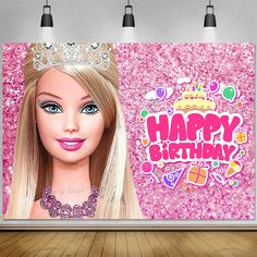 a barbie doll with a tiara on it's head in front of a happy birthday backdrop