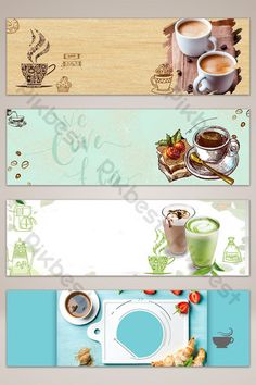 three horizontal banners with coffee images and food items on the bottom two are blue, one is green