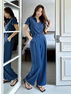 2pcs Women Solid Color Blouse And Fashionable Wide Leg Pants Set Blue Casual  Short Sleeve Woven Fabric Plain  Non-Stretch Spring/Summer Women Clothing, size features are:Bust: ,Length: ,Sleeve Length: Lace Bandeau Top, Color Blouse, Lace Bandeau, Slim Fit Top, Elegant Dresses Long, Pantalon Large, Two Piece Outfit, Elegant Dress, Primavera Estate