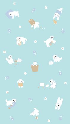 an animal themed wallpaper with white bears and flowers on a light blue background,