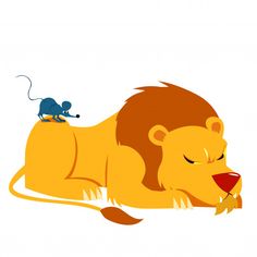 a lion and a mouse sitting on top of it's back, facing each other