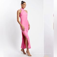 Meshki Claire Satin Drape Back Maxi Dress With Split - Pink Halter Neckline Ruched Neck Band Open Back Side Split Self Covered Buttons And Loop Fastening Invisible Centre Back Zip Closure High Neck Cocktail Maxi Dress For Summer, High Neck Maxi Dress For Summer Cocktail, Spring High Neck Dress With Side Slits, Spring High-neck Dress With Side Slits, Pink Cocktail Dress With Side Slits, Pink Cocktail Dresses With Side Slits, Spring High Neck Maxi Dress With Side Slits, High Neck Maxi Dress For Spring Date Night, Spring High Neck Maxi Dress For Date Night