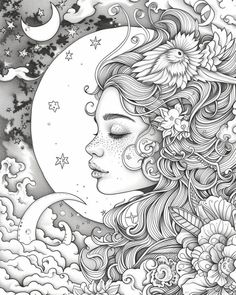 a woman's face with flowers on her head and the moon in the background