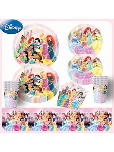 disney princess party supplies including plates, napkins and cups with pictures on the side