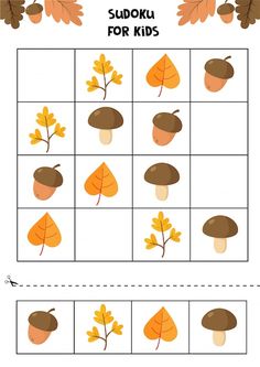 sudoku for kids with different types of autumn leaves and acorns on them