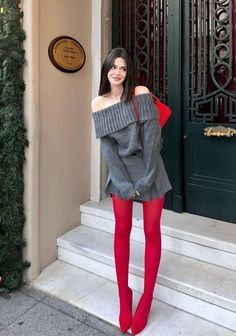 Red Mary Janes Outfit Winter, Mary Jane Red Shoes Outfit, Green Christmas Outfit Women, Maryjane Heel Outfits, Winter Asthetics Outfit, Red Pantyhose Outfit, Red Mary Jane Shoes Outfit, Red Fishnet Outfit, Red Tights Aesthetic