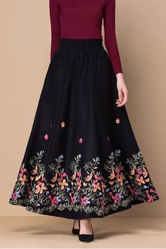 Take your style to the next level with our Black Maxi Embroidered Wool Skirt! Perfect for the risk-taker in you, this skirt adds a bold touch to any ensemble. The maxi length and embroidered detailing exude confidence and adventure. Elevate your wardrobe with this must-have piece! DETAIL *wool blend fabric* polyester lining* Two side pockets* elastic waist* ankle length effect* A Line skirt* Dry clean SIZE GUIDESize vary between Brand and CountryPlease get your body measurement with our Size GuideAnd Find your size in our Size ChartChoose CUSTOM Order if you* Need a better fit* Can't find your size in our size Chart* Change the Style * Chang the Length* Your Height is not Between 5'1" - 5"11"Information I need if you need helpNormal sizeWaistHipHeightWeightPhone numberMODEL SIZEBust 85 cm( Embroidered Skirt Long, Cloak Dress, Embroidery Skirt, Summer Coats, Risk Taker, Exude Confidence, Black Maxi Skirt, Body Measurement, Embroidered Wool