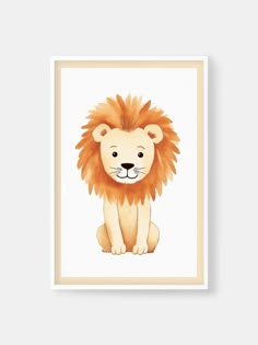 a watercolor painting of a lion sitting on top of a white wall next to a framed