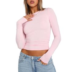 Cropped Tops, Streetwear Y2k, Solid Tops, White Crop Top, Top Casual, Workout Tops, Long Sleeve Pullover, Shirt Sleeves, Workout Shirts