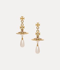 During the late 1980s, Vivienne Westwood introduced her renowned pearl concept as a solitary strand, showcased in the Harris Tweed Fall 1987 fashion show. The shape of our Pearl Drop earrings recalls the shape of Vivienne's initial creation, displaying a three-dimensional orb motif enhanced with crystal embellishments and a suspended teardrop, baroque pearl detail. 1987 Fashion, Vivienne Westwood Earrings, Pearl Drop Earrings Gold, Bone Earrings, Style Baroque, Gold Pearl Earrings, Art Deco Earrings, Harris Tweed, Crystal Embellishment