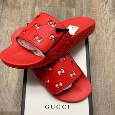 %100 Percent Authentic!! Bought A Size Too Small For My Husband. Red Gucci Pool Slide Sandals Size 8 Gucci Leather Sandals With Red Sole, Gucci Designer Sandals With Red Sole, Flat Gucci Sandals With Red Sole, Designer Gucci Slides, Designer Slip-on Sandals With Red Sole, Red Gucci Slides With Branded Insole, Gucci Red Round Toe Sandals, Gucci Designer Slides With Flat Heel, Designer Gucci Slides With Flat Heel