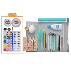 an assortment of crafting supplies including scissors, thread, glue and other items are shown