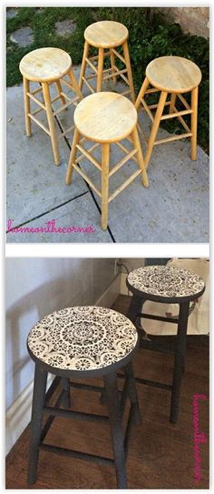 three stools made out of wood and painted with leopard print on the top, one is