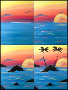 four paintings of sunsets and palm trees on the ocean with mountains in the background