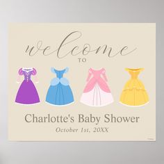 a welcome sign for a baby shower with three dresses on it and the words welcome to charlotte's baby shower