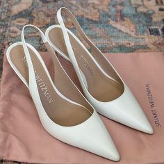 I Originally Purchased These For My Wedding But Ended Up Going With Another Pair. These Have Never Been Worn Outside And Are In Like New Condition. I Am A Us 7.5 Or 8 And Found These To Be The Perfect Fit. Duster Bag Included! Composition Outer: Calf Leather 100% Lining: Calf Leather 100% Sole: Calf Leather 100% Stuart Weitzman Shoes, Slingback Pump, My Wedding, Bridal Shoes, Stuart Weitzman, Calf Leather, Shoes Women Heels, Shoes Heels, Perfect Fit