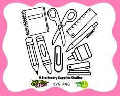 scissors, pencils and other office supplies on a pink background