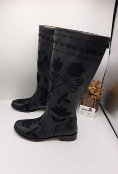 Handmade genuine leather custom made riding style women boots. #blackboots #leatherboots #suzaniboots #ridingboots #womenboots #suzaniboots #customboots Traditional Black Boots For Fall, Traditional Black Fall Boots, Traditional Black Boots With Leather Sole, Handmade Black Boots With Round Toe, Traditional Black Leather Boots, Handmade Black Leather Boots, Black Vintage Mid-calf Boots With Round Toe, Embroidered Knee-high Boots For Spring, Black Gothic Mid-calf Boots With Round Toe