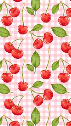 watercolor cherries on pink gingham fabric with green leaves and red berries