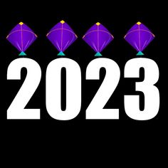 three purple kites are in the shape of numbers on a black background that says 2023