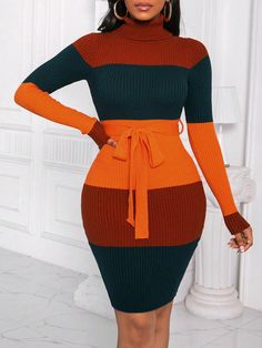 Women Autumn/Winter High Neck Long Sleeve Colorblock Fitted Elegant Sweater Dress Multicolor Elegant  Long Sleeve Knitwear Colorblock  High Stretch  Women Clothing, size features are:Bust: ,Length: ,Sleeve Length: Fall Skirt, Bodycon Sweater, Bodycon Sweater Dress, Over The Calf Socks, Elegant Sweater, Sweater Dresses, High Neck Long Sleeve, Sweater Dress Women, Fall Skirts