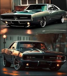 two pictures of an old muscle car in different stages of being painted green and black