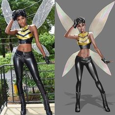 two different pictures of a woman in black and yellow outfits with wings on her head