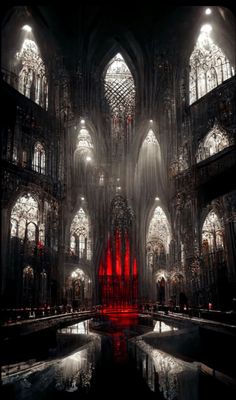 the interior of a gothic cathedral lit up with bright lights and red light from windows